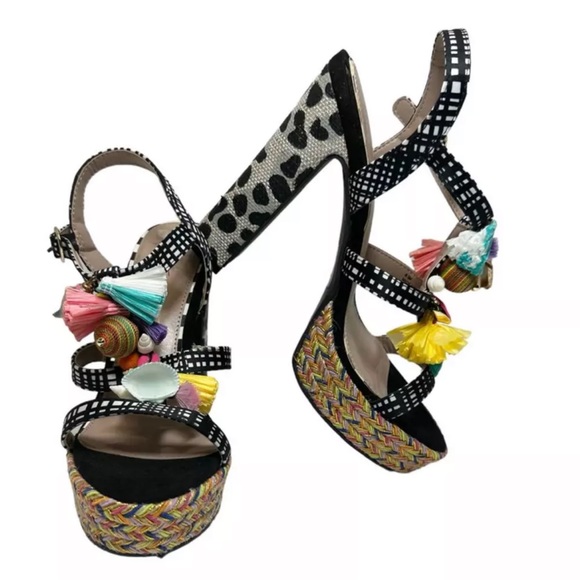 BETSEY JOHNSON MARCY EMBELLISHED ESPARDILLE PLATFORM HEELS SIZE 10 M - Picture 1 of 9